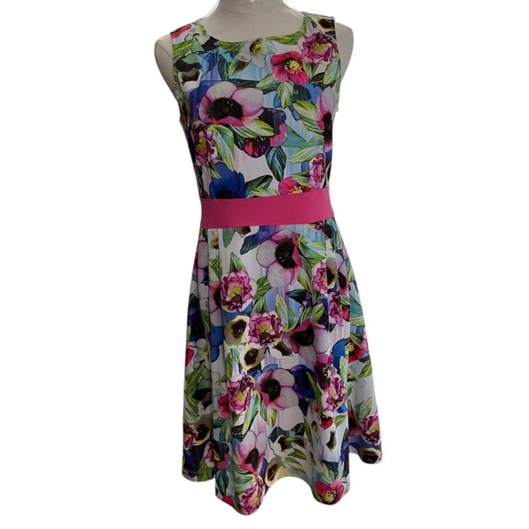 Attention Floral Sleeveless Dress Pink Waistband Back Zip Medium - Picture 1 of 15